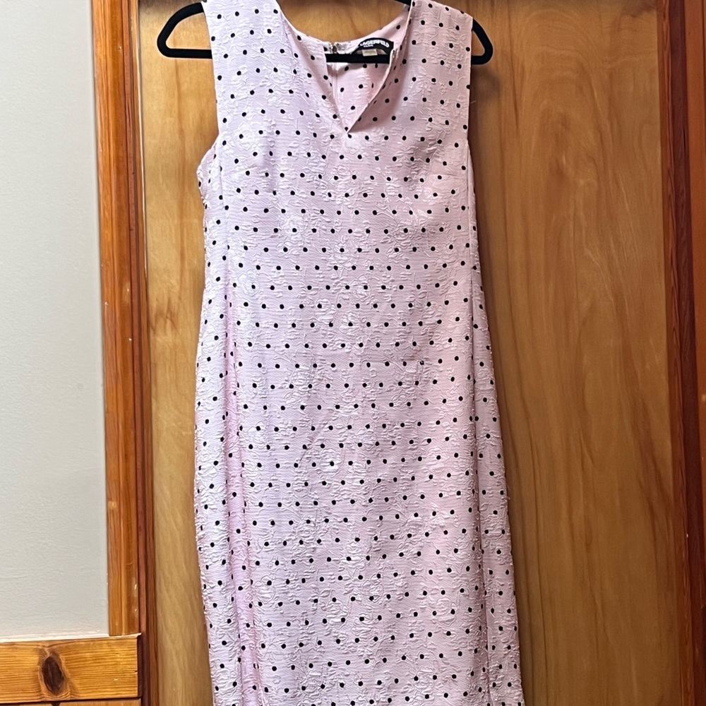 Karl Lagerfeld Sleeveless Pink Eyelet Midi Dress with Black Dot Accent
